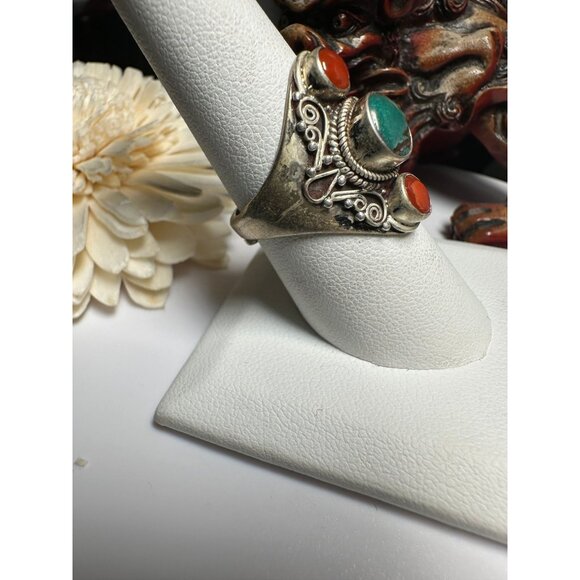 VTG Sterling Silver Red Coral Turquoise Ring - Picture 2 of 7